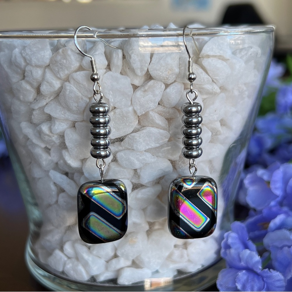 Black Metallic‎ Rainbow Color Earrings Silver Handmade